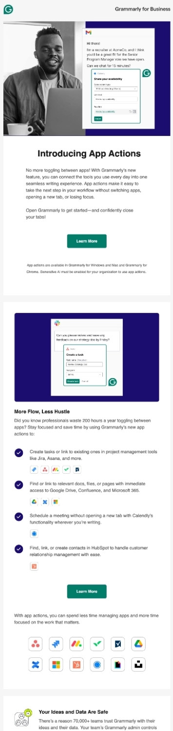 New Feature Announcement Emails: Screenshot of Grammarly's email talking about their latest feature