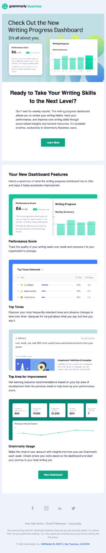 New Feature Announcement Emails: Screenshot of Grammarly's email talking about their latest feature