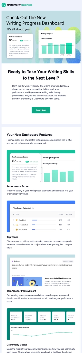 New Feature Announcement Emails: Screenshot of Grammarly's email talking about their latest feature
