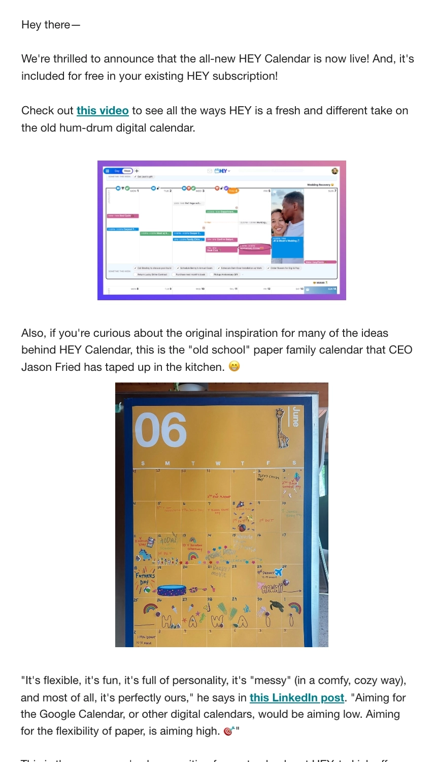 New Feature Announcement Emails: Screenshot of 37signal's email talking about their latest feature