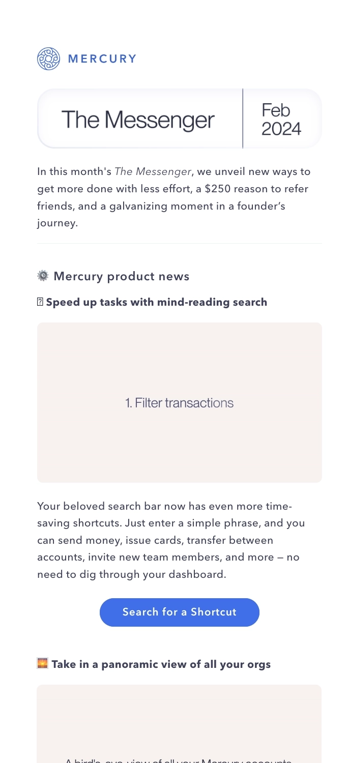 New Feature Announcement Emails: Screenshot of Mercury's newsletter talking about their latest feature
