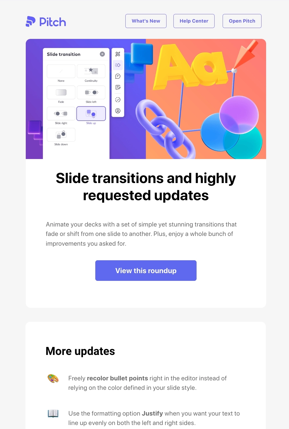 New Feature Announcement Emails: Screenshot of Pitch's feature roundup email