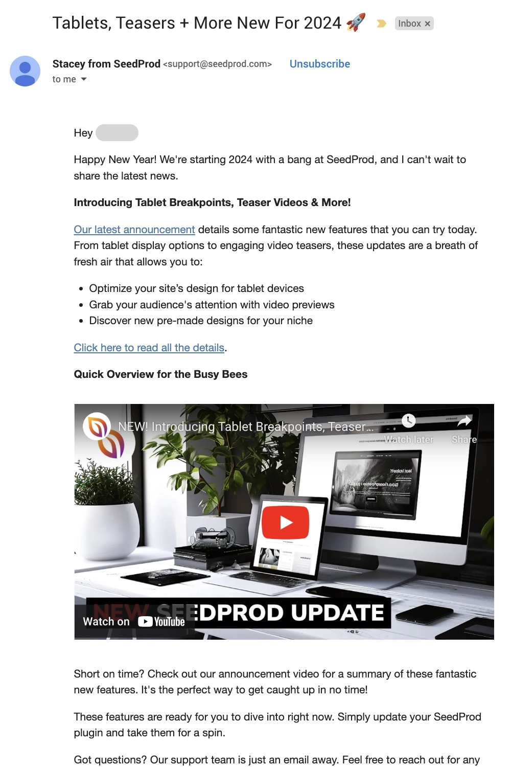 New Feature Announcement Emails: Screenshot of SeedProd's new feature roundup email