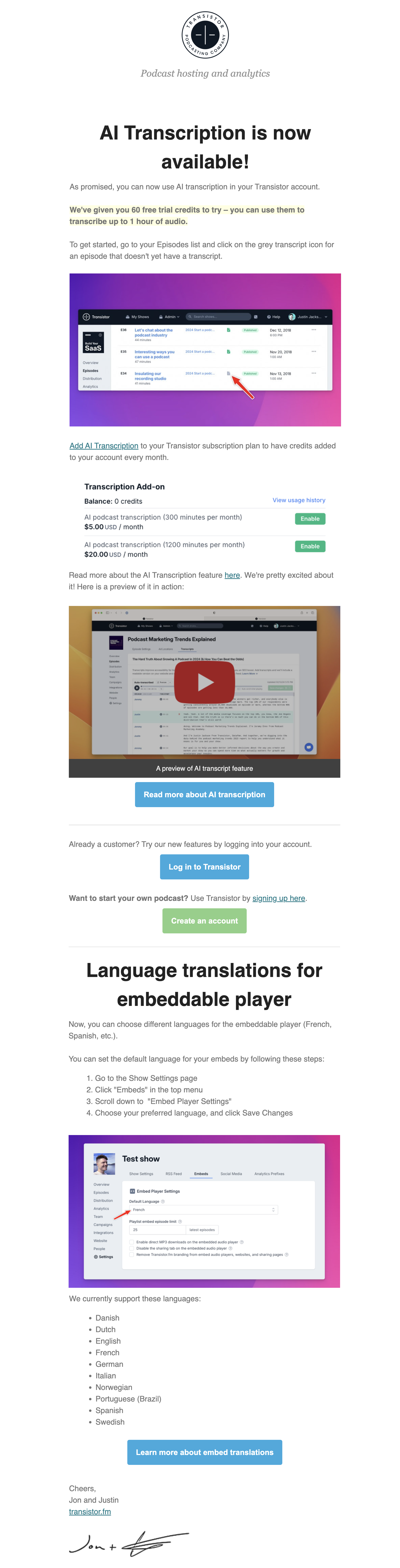 New Feature Announcement Emails: Screenshot of Transistor's email talking about their latest feature