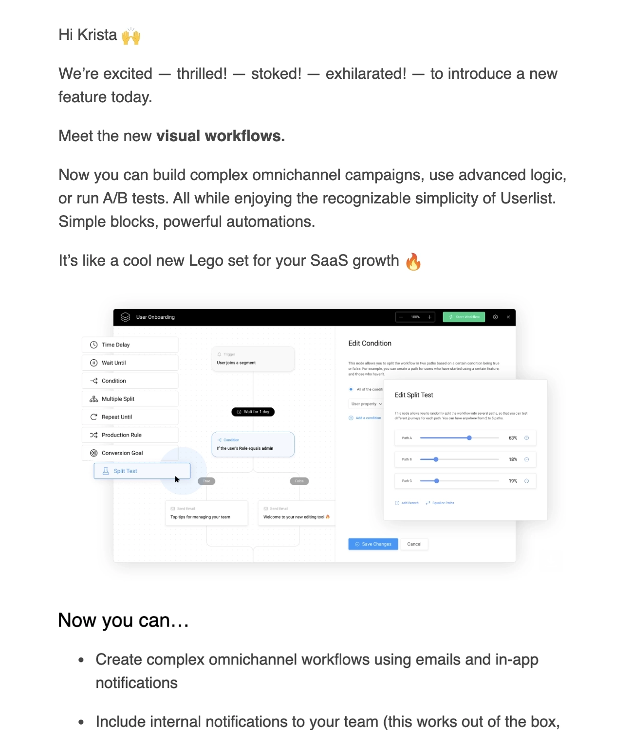 New Feature Announcement Emails: Screenshot of Userlist's email talking about their latest feature