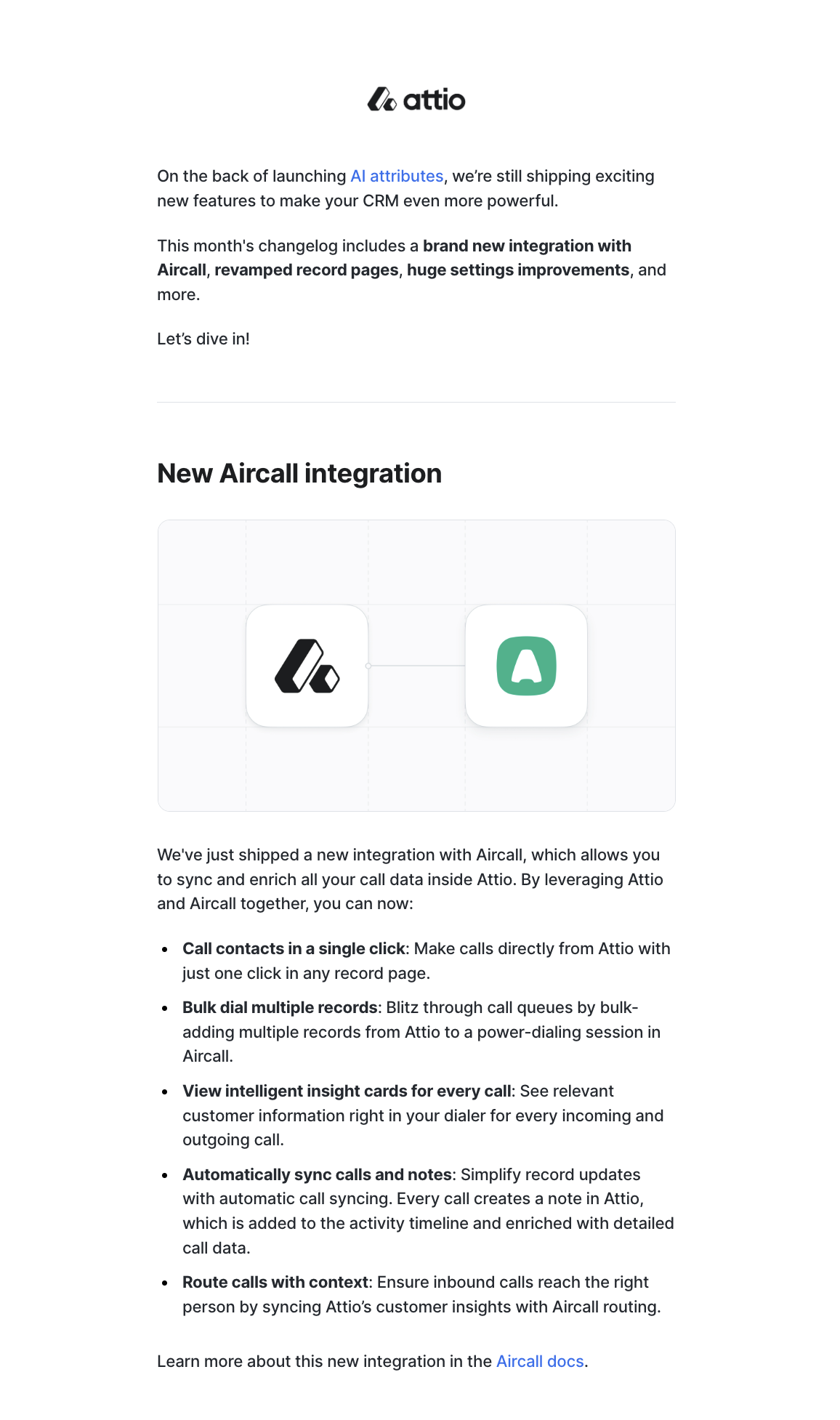 SaaS New Integration Announcement Emails: Screenshot of Attio's newsletter that has a section for their Aircall integration