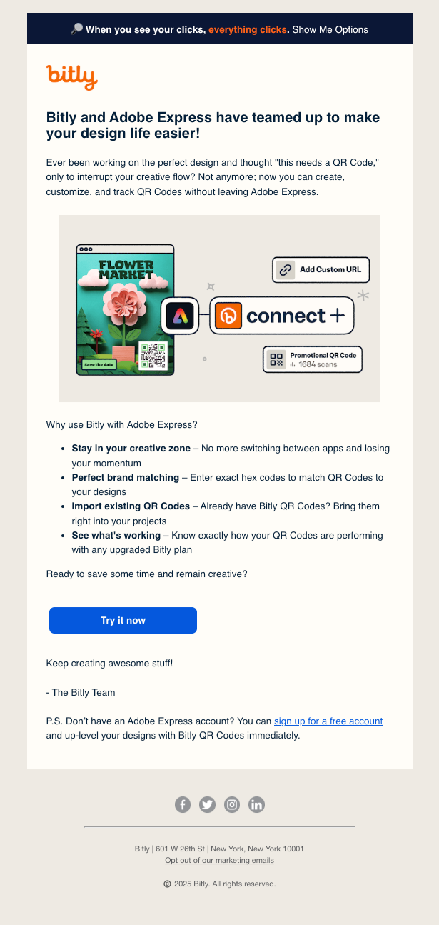 SaaS New Integration Announcement Emails: Screenshot of Bitly's announcement for their Adobe Express integration