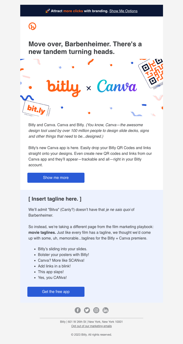SaaS New Integration Announcement Emails: Screenshot of Bitly's announcement for their Canva integration