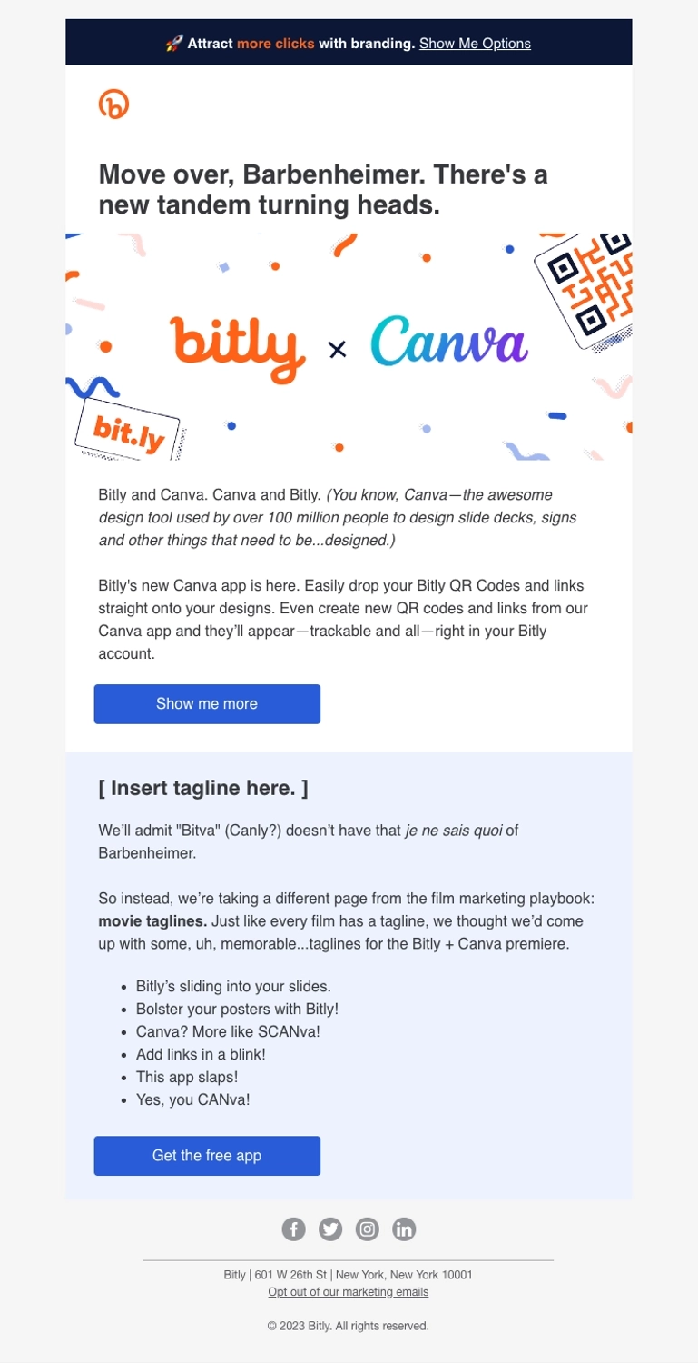 SaaS New Integration Announcement Emails: Screenshot of Bitly's announcement for their Canva integration