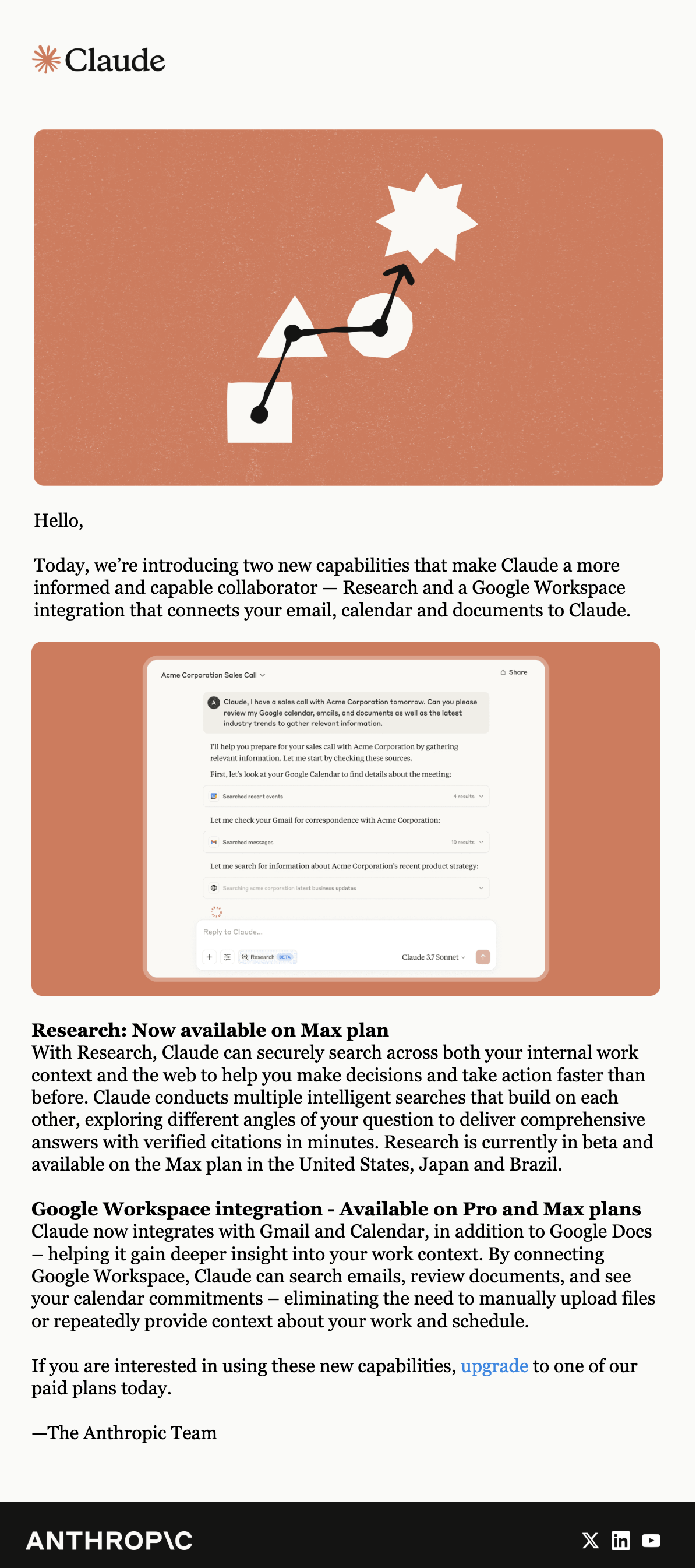 SaaS New Integration Announcement Emails: Screenshot of Claude's announcement for their Google Workspace integration