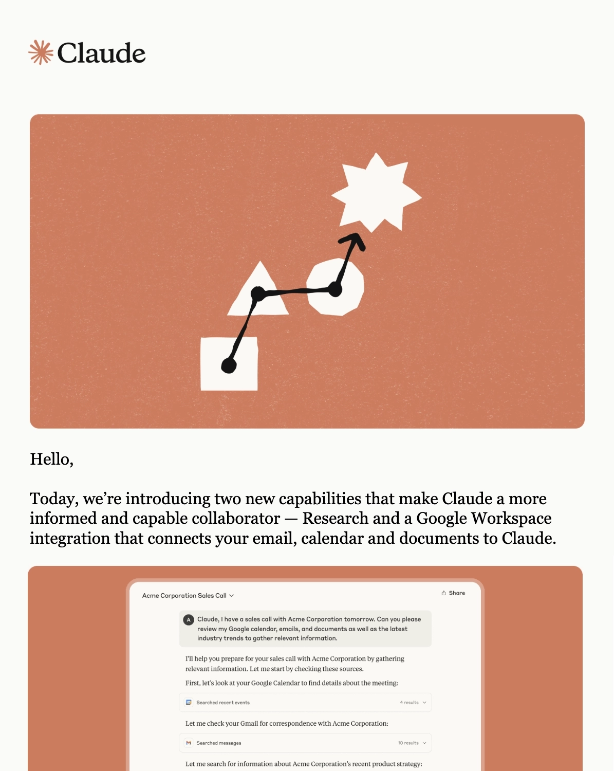 SaaS New Integration Announcement Emails: Screenshot of Claude's announcement for their Google Workspace integration