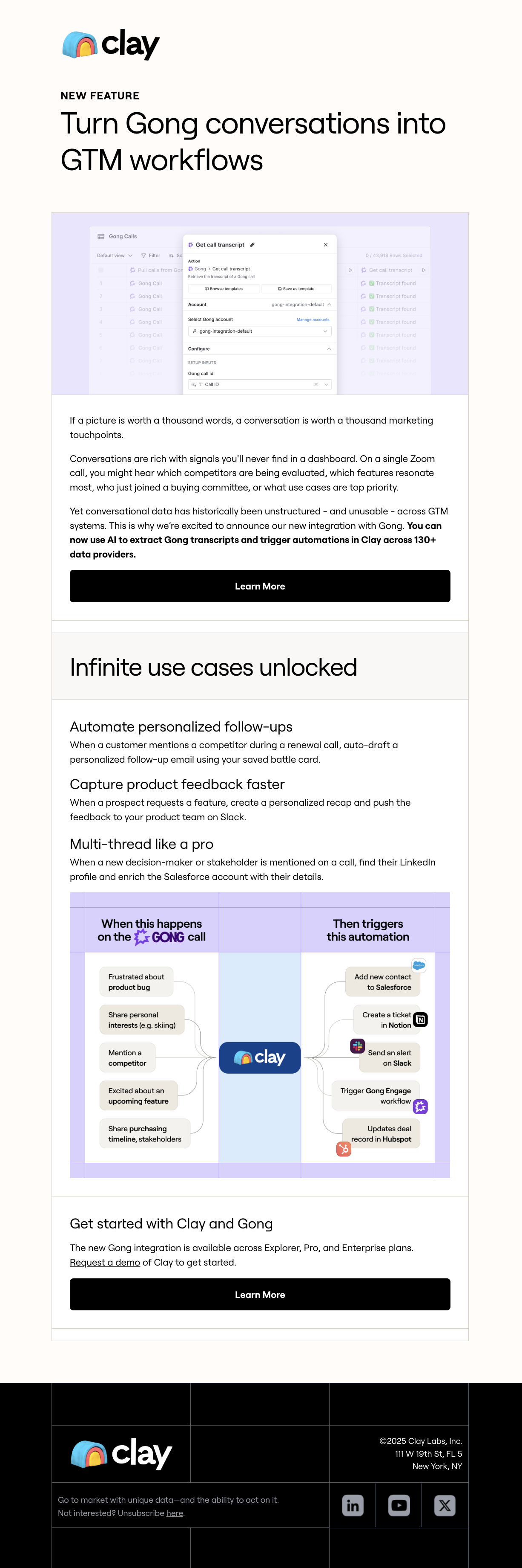 SaaS New Integration Announcement Emails: Screenshot of Clay's announcement for their Gong integration