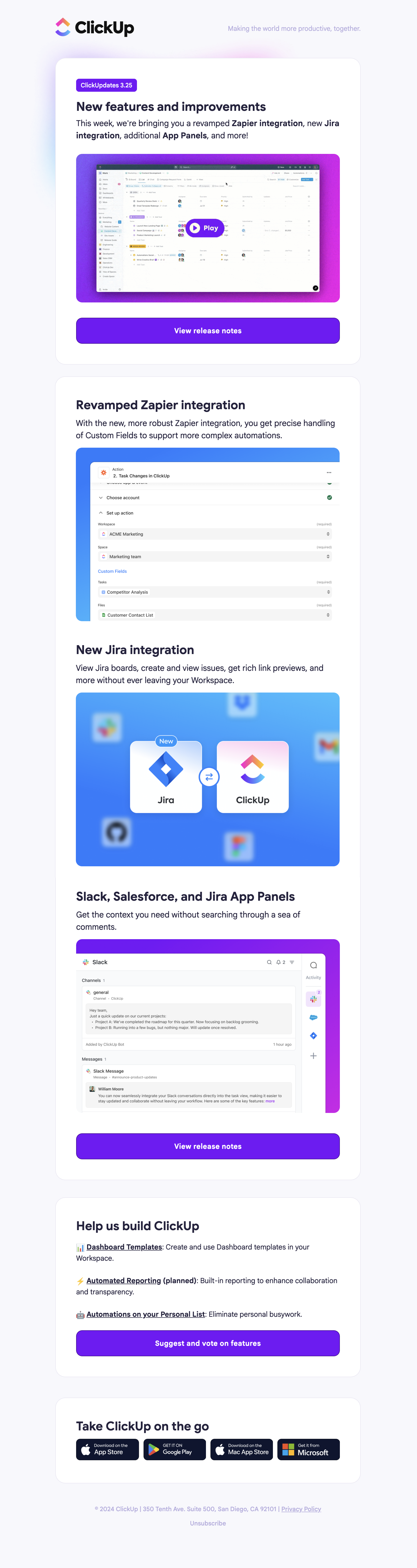 SaaS New Integration Announcement Emails: Screenshot of ClickUp's announcement for their improved Zapier and new Jira integration