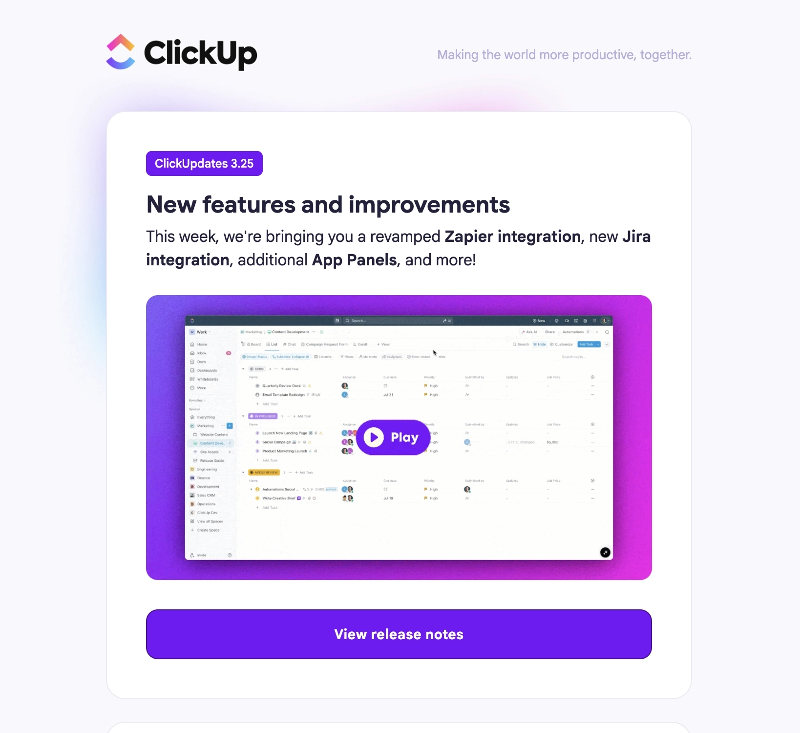 SaaS New Integration Announcement Emails: Screenshot of ClickUp's announcement for their improved Zapier and new Jira integration