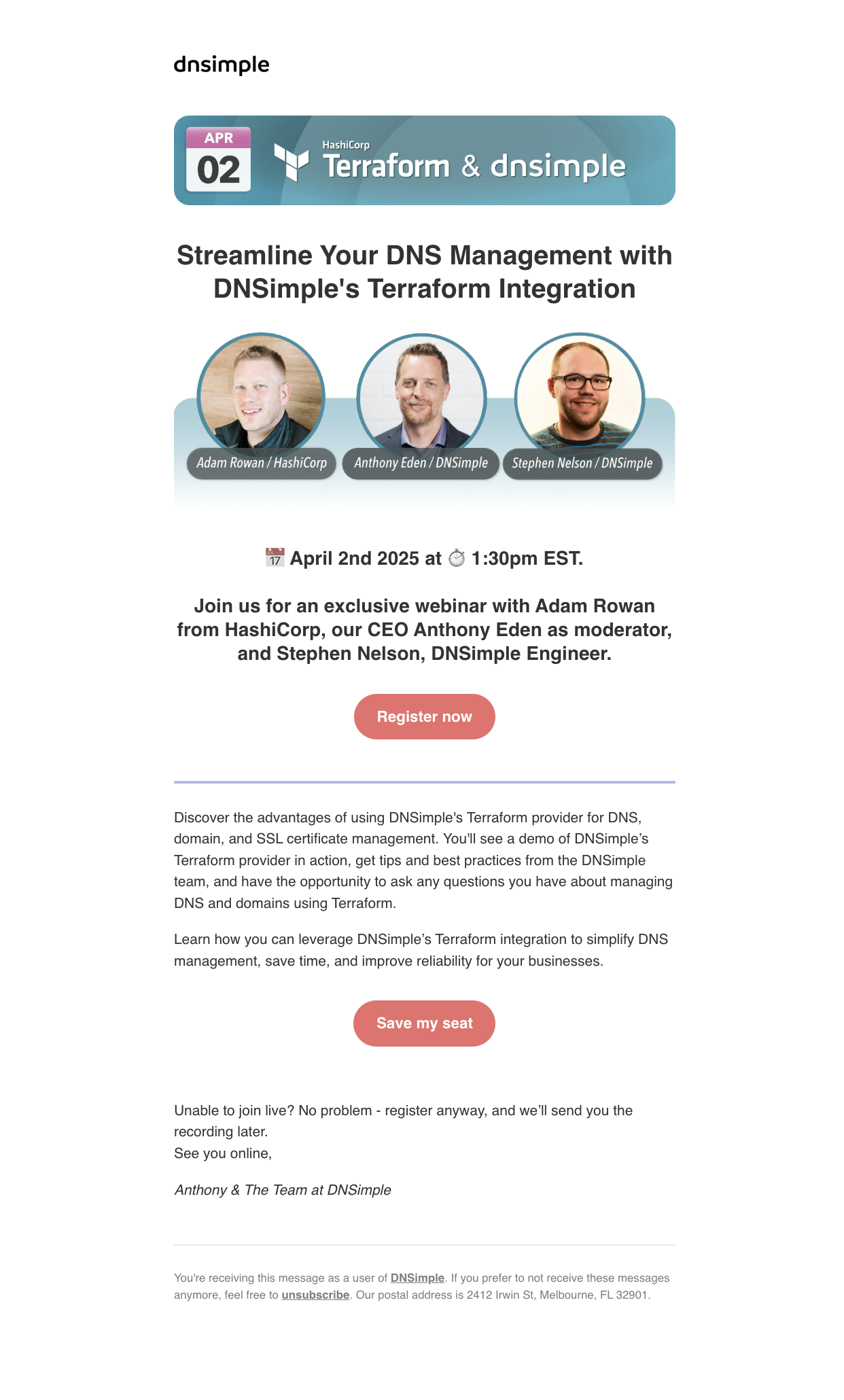 SaaS New Integration Announcement Emails: Screenshot of DNSimple's webinar invitation for their Terraform integration