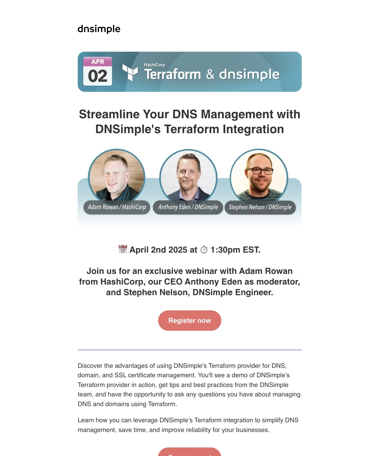 SaaS New Integration Announcement Emails: Screenshot of DNSimple's webinar invitation for their Terraform integration