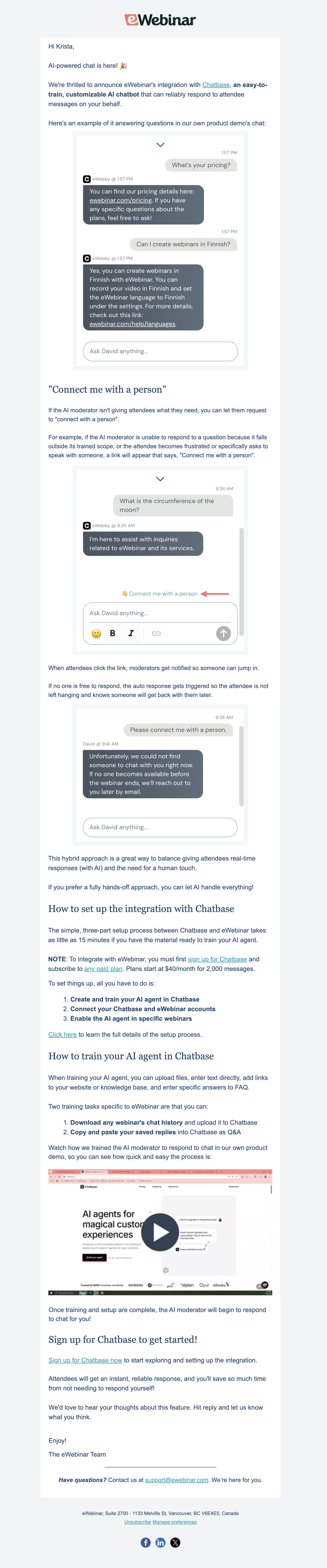 SaaS New Integration Announcement Emails: Screenshot of eWebinar's announcement for their Chatbase integration