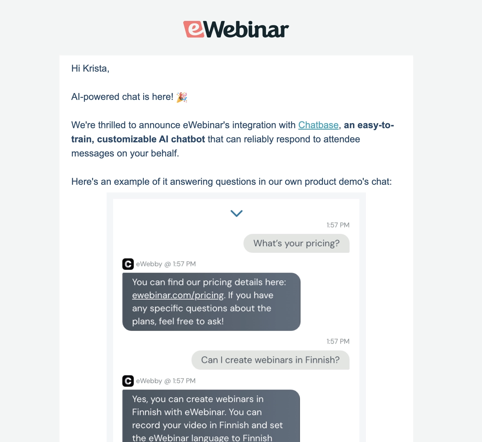 SaaS New Integration Announcement Emails: Screenshot of eWebinar's announcement for their Chatbase integration