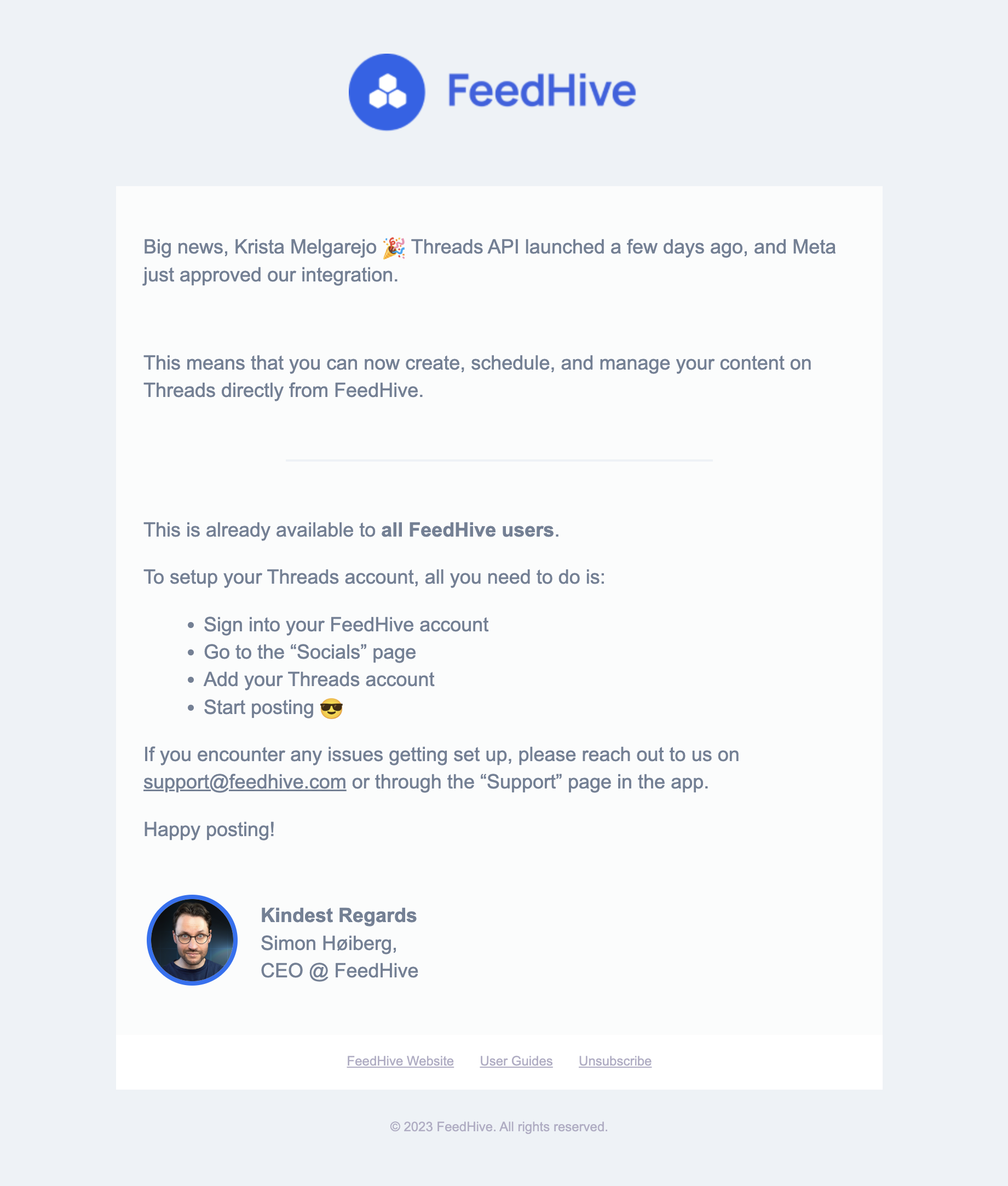 SaaS New Integration Announcement Emails: Screenshot of FeedHive's announcement for their Threads API integration