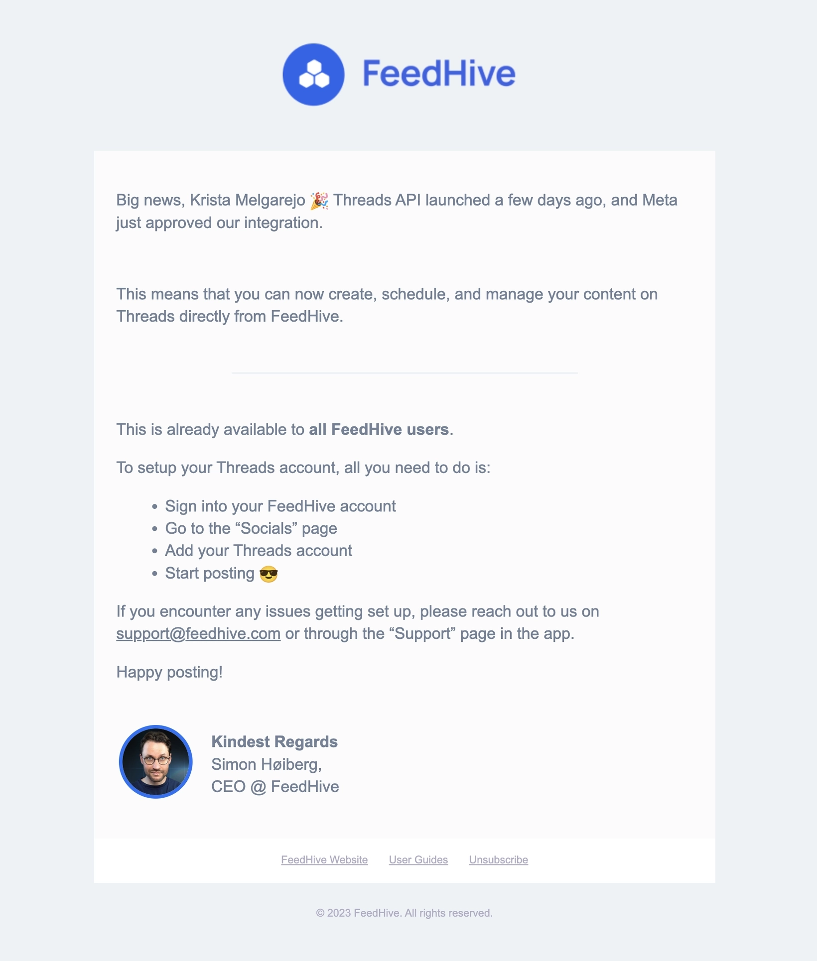 SaaS New Integration Announcement Emails: Screenshot of FeedHive's announcement for their Threads API integration