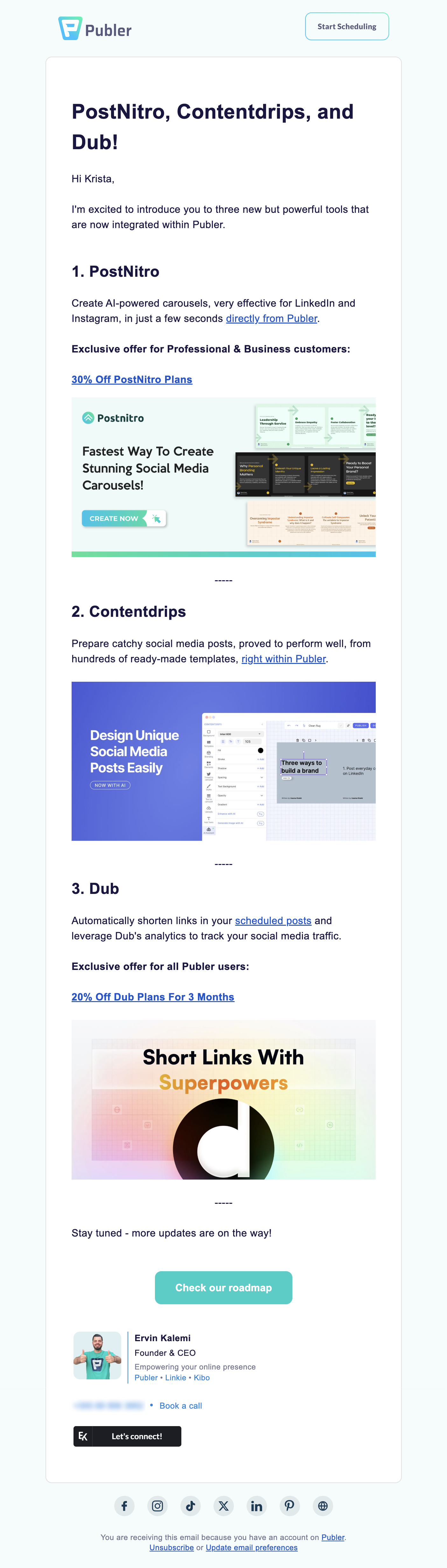 SaaS New Integration Announcement Emails: Screenshot of Publer's announcement for three integrations