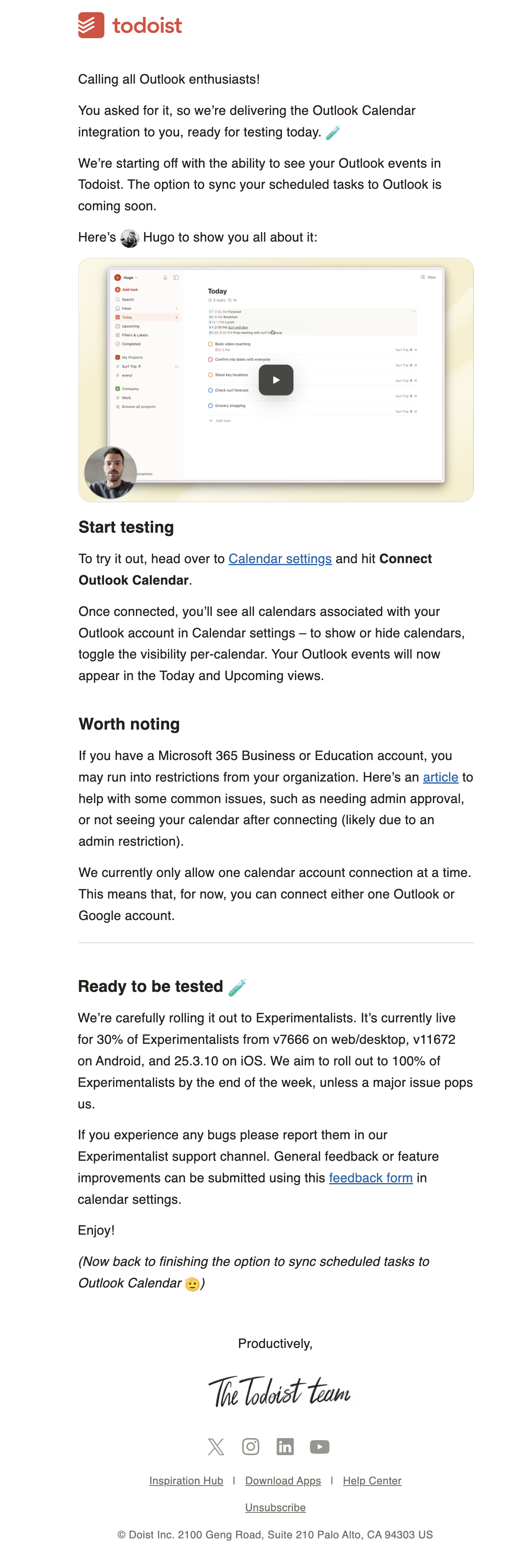 SaaS New Integration Announcement Emails: Screenshot of Todoist's announcement for their experimental Outlook integration