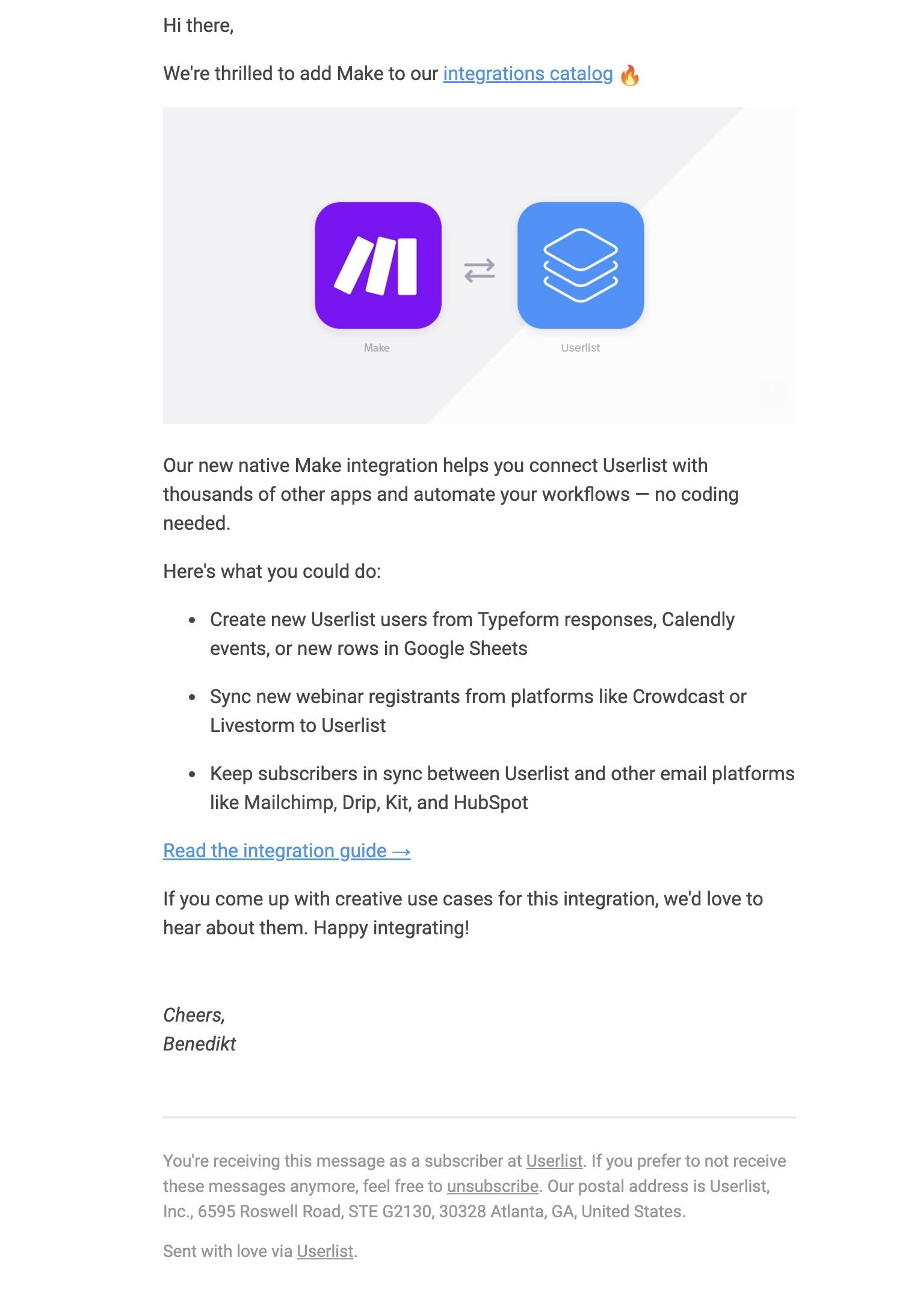 SaaS New Integration Announcement Emails: Screenshot of Userlist's announcement for our Make integration