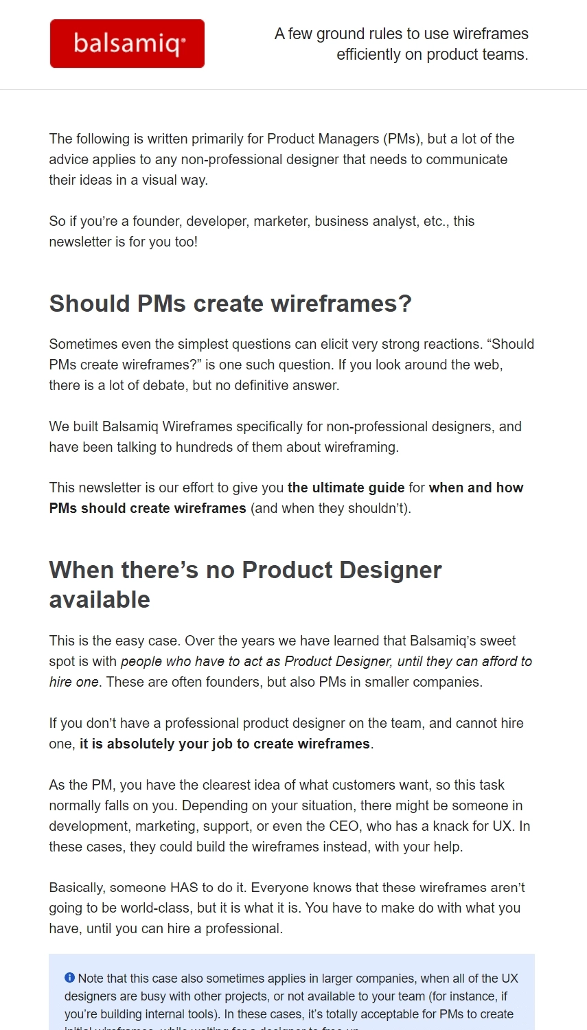 SaaS Newsletter Examples: Screenshot of Balsamiq's newsletter