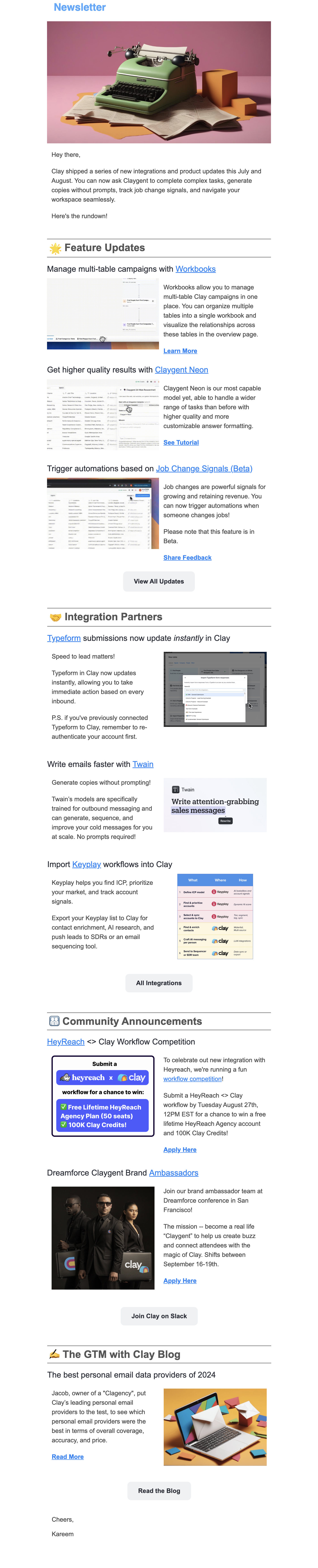 SaaS Newsletter Examples: Screenshot of Clay's newsletter