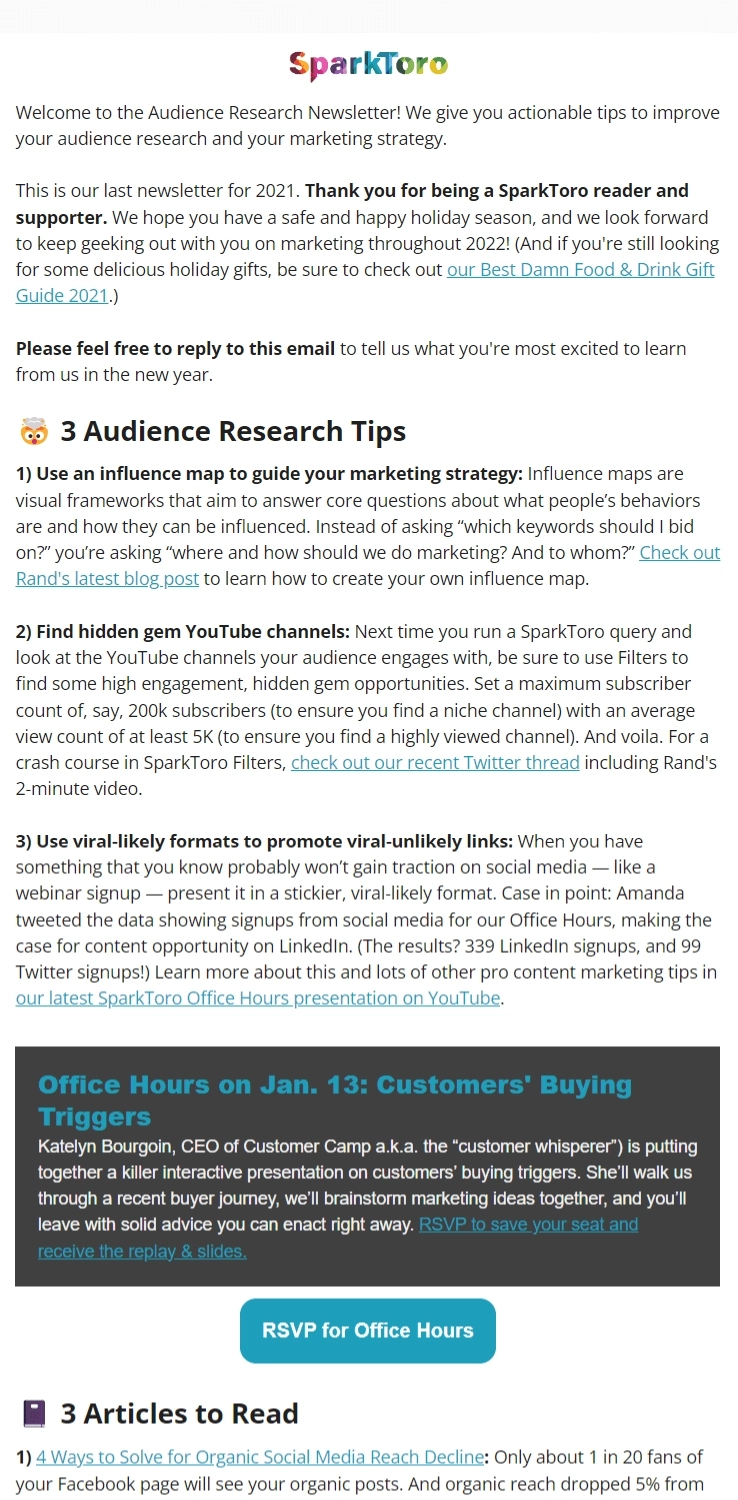 SaaS Newsletter Examples: Screenshot of Spark Toro's newsletter