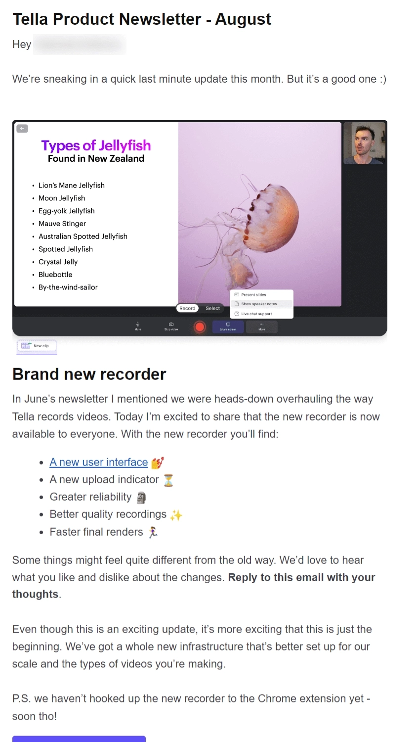 SaaS Newsletter Examples: Screenshot of Tella's newsletter