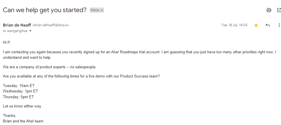 Addressing Obstacles and Anxieties in SaaS Onboarding Emails: Screenshot of Aha!'s email