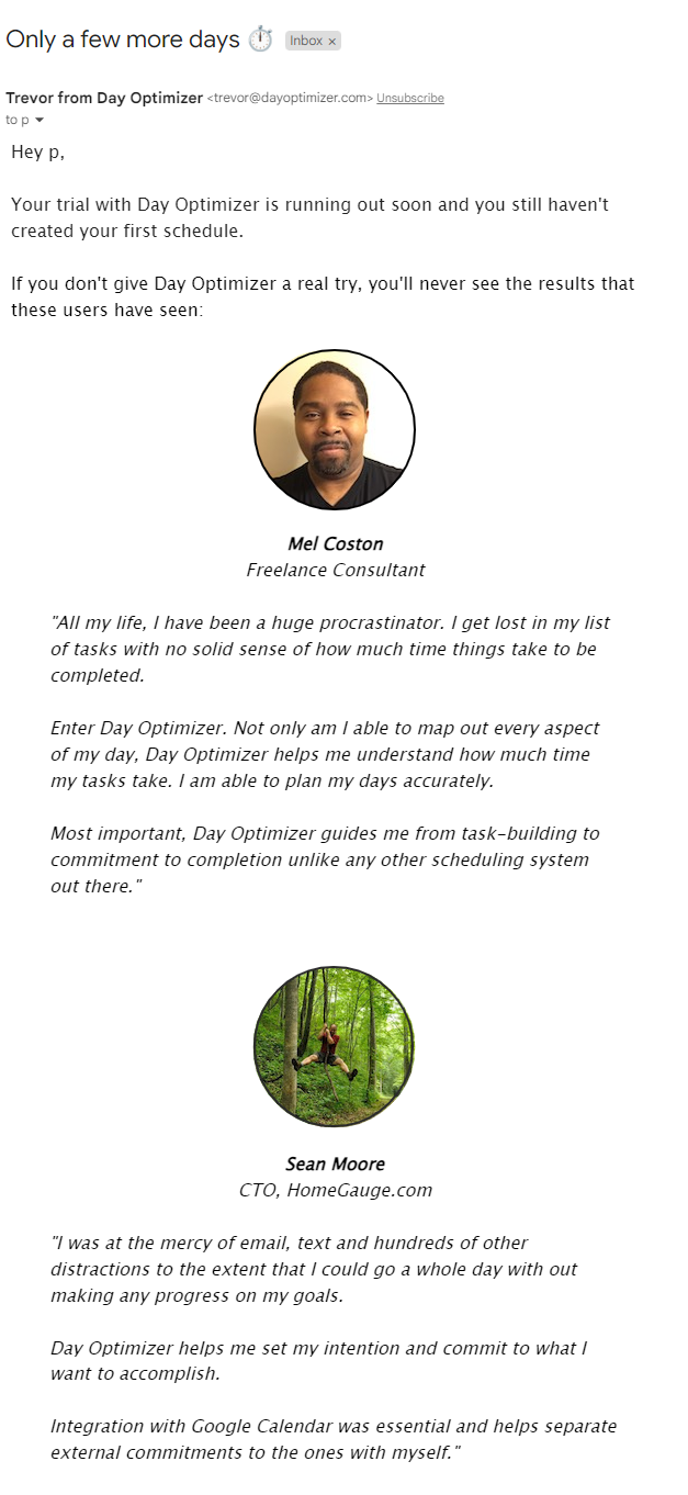 Addressing Obstacles and Anxieties in SaaS Onboarding Emails: Screenshot of Day Optimizer's email
