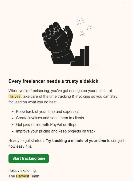 Addressing Obstacles and Anxieties in SaaS Onboarding Emails: Screenshot of Harvest's email