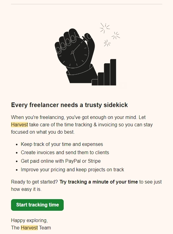 Addressing Obstacles and Anxieties in SaaS Onboarding Emails: Screenshot of Harvest's email