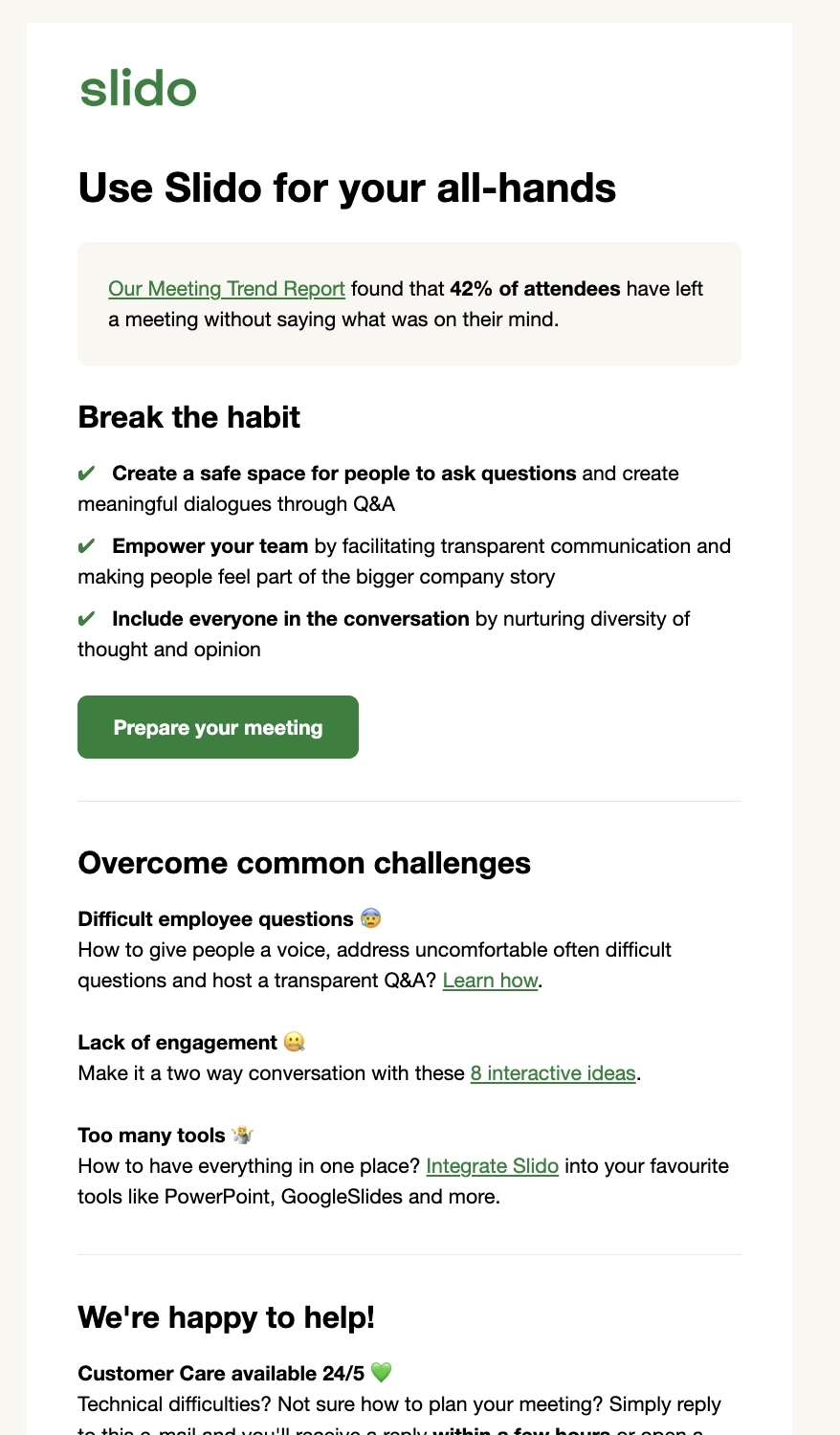 Addressing Obstacles and Anxieties in SaaS Onboarding Emails: Screenshot of Slido's email