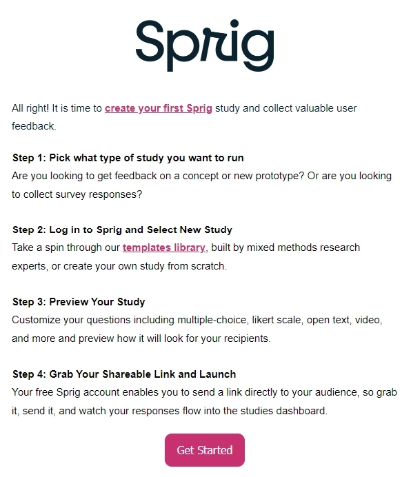 Addressing Obstacles and Anxieties in SaaS Onboarding Emails: Screenshot of Sprig's email