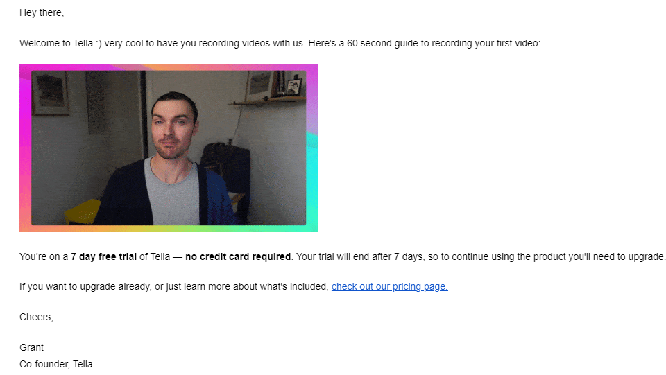 Addressing Obstacles and Anxieties in SaaS Onboarding Emails: Screenshot of Tella's email