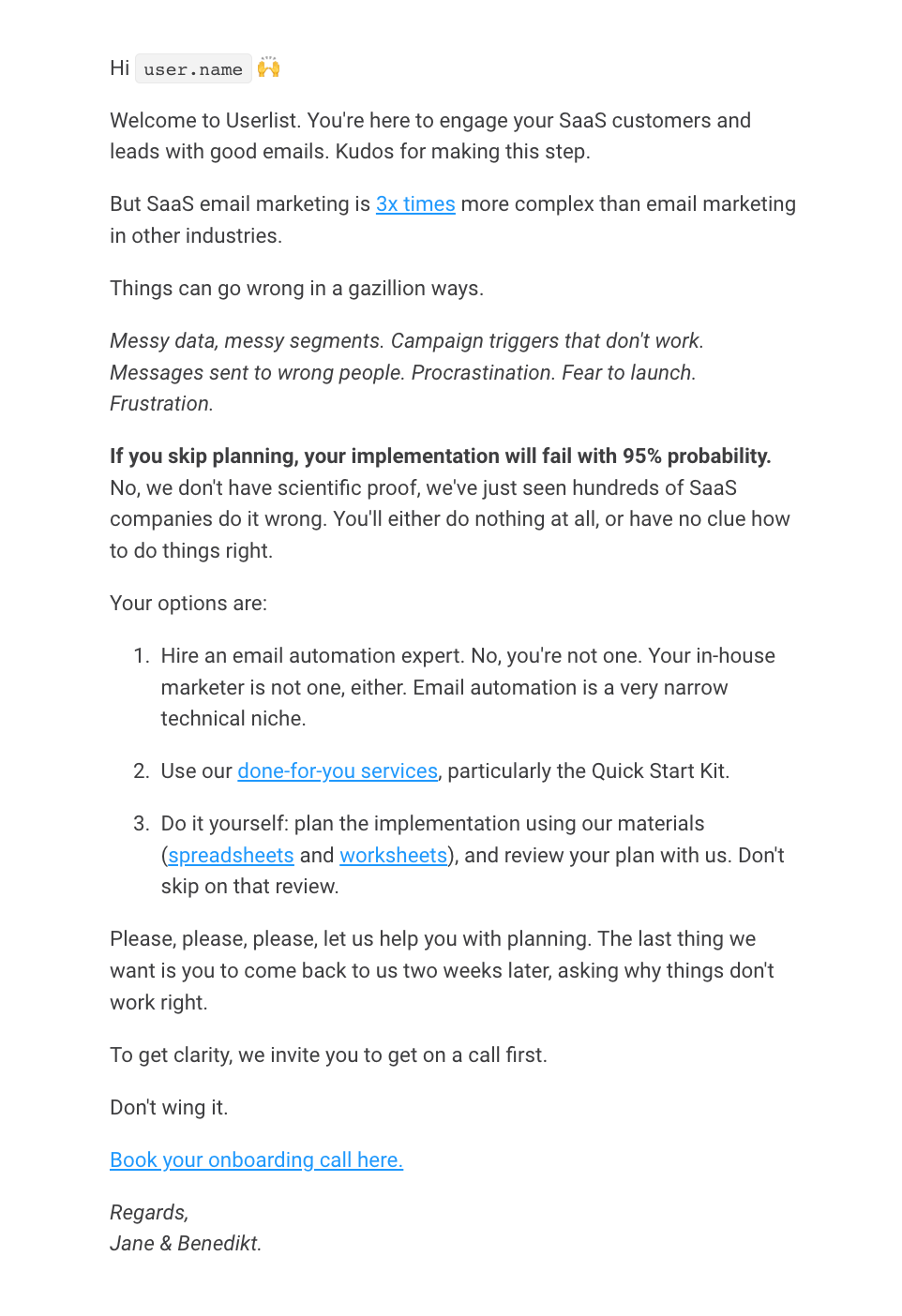 Addressing Obstacles and Anxieties in SaaS Onboarding Emails: Screenshot of Userlist's email