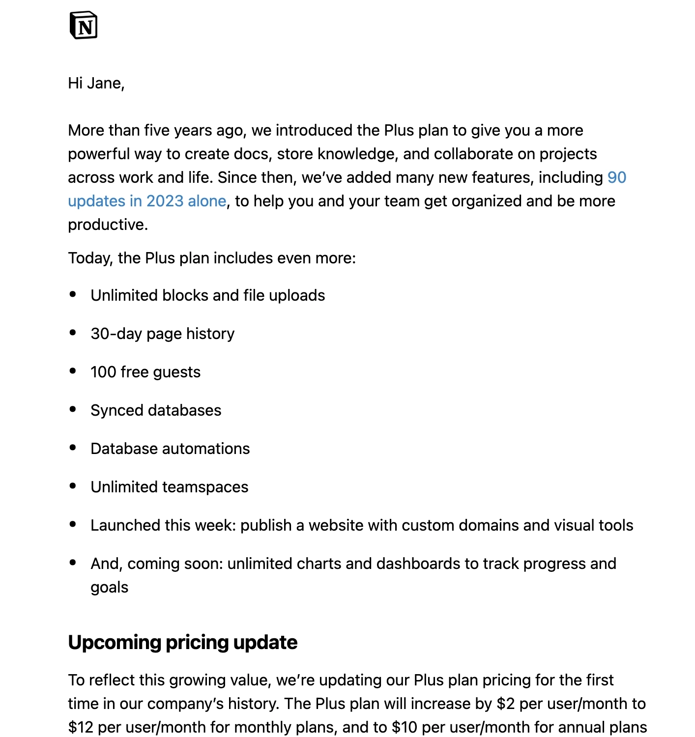 SaaS Pricing Update Emails: Screenshot of pricing update email from Notion