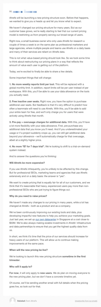 SaaS Pricing Update Emails: Screenshot of pricing update email from Ahrefs
