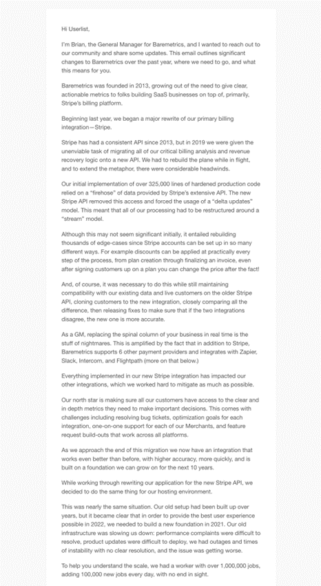 SaaS Pricing Update Emails: Screenshot of pricing update email from Baremetrics