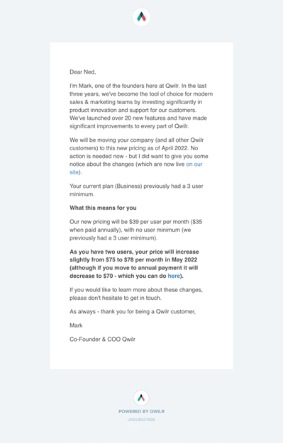SaaS Pricing Update Emails: Screenshot of pricing update email from Qwilr