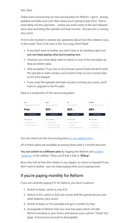 SaaS Pricing Update Emails: Screenshot of pricing update email from Reform