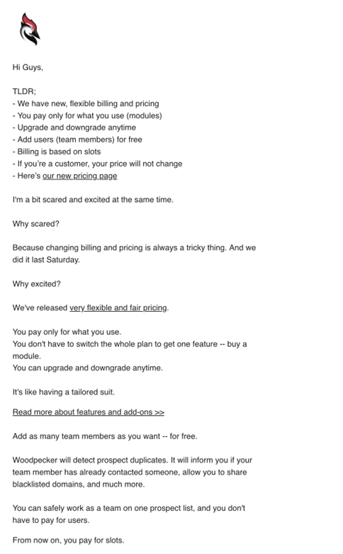 SaaS Pricing Update Emails: Screenshot of pricing update email from Woodpecker