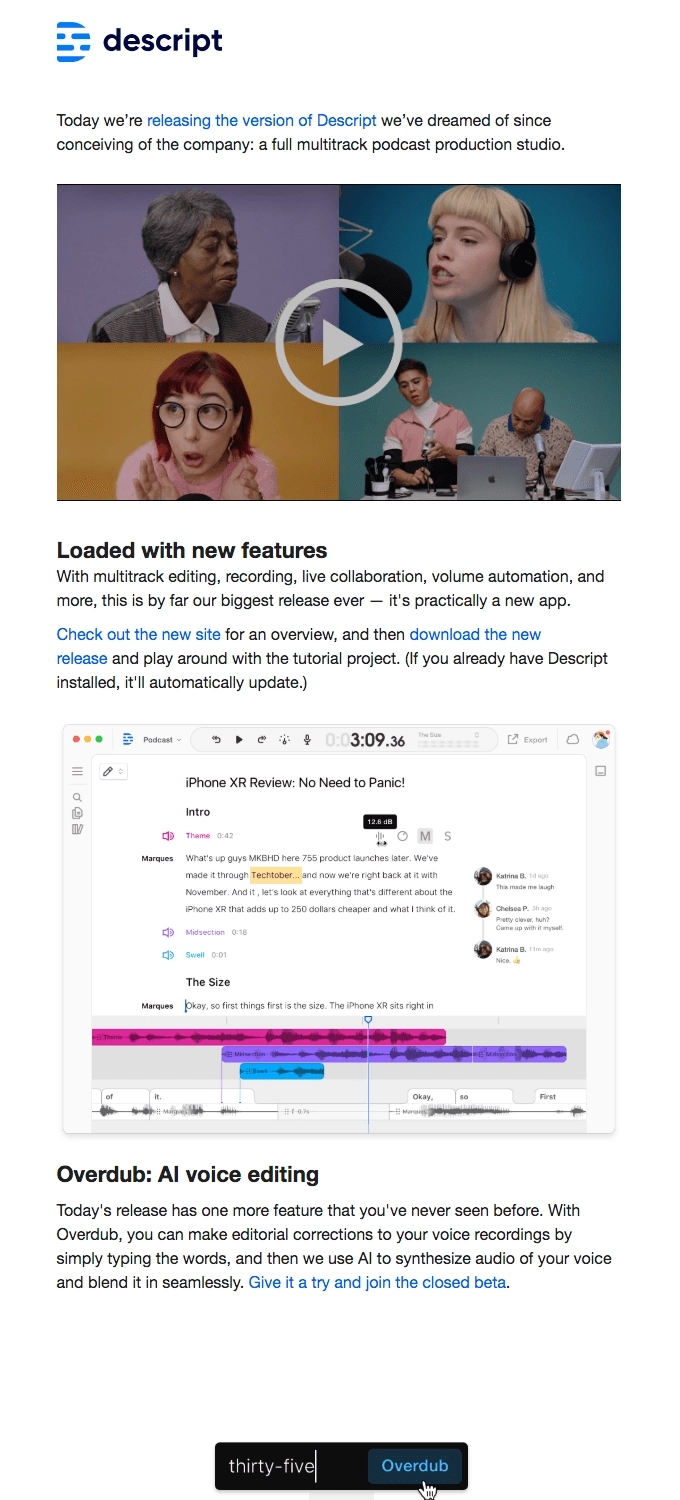 SaaS Product Launch Emails: Screenshot of Descript's launch email