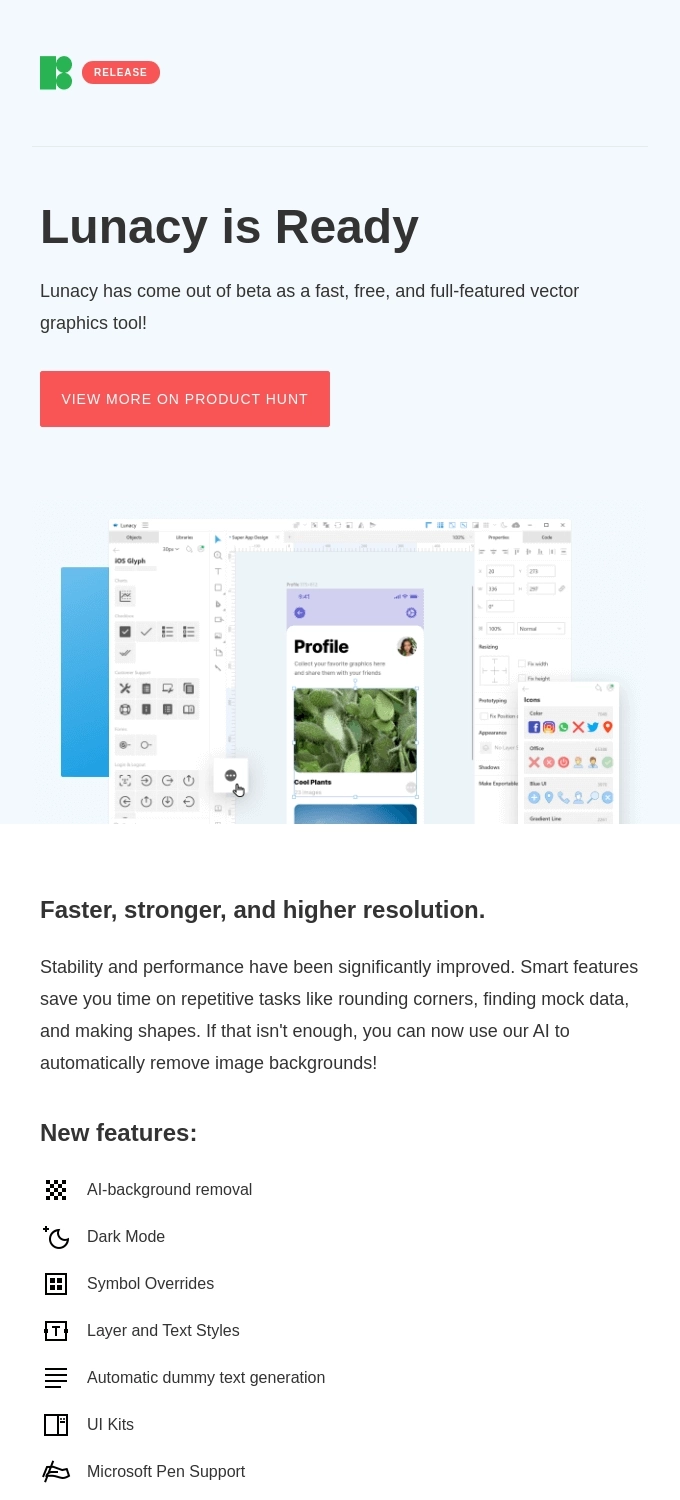 SaaS Product Launch Emails: Screenshot of Lunacy's launch email