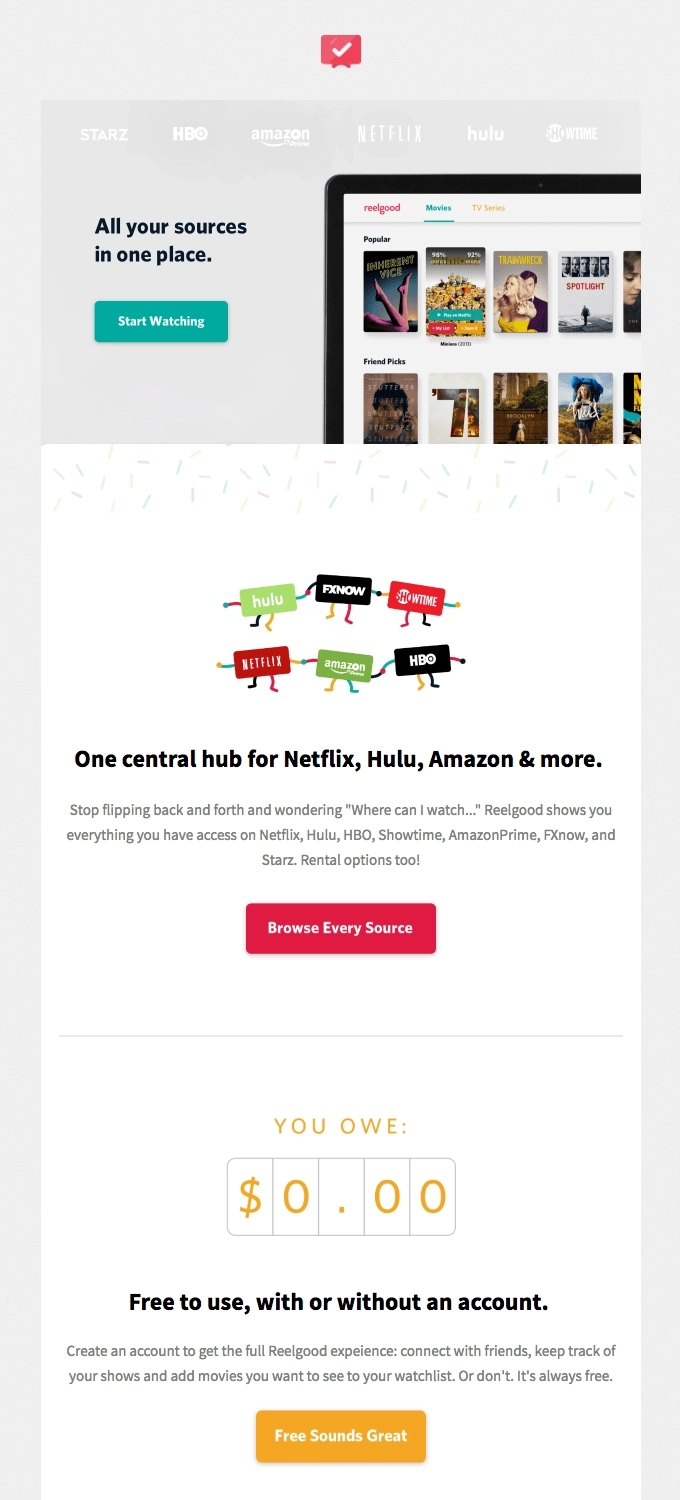 SaaS Product Launch Emails: Screenshot of Reelgood's launch email
