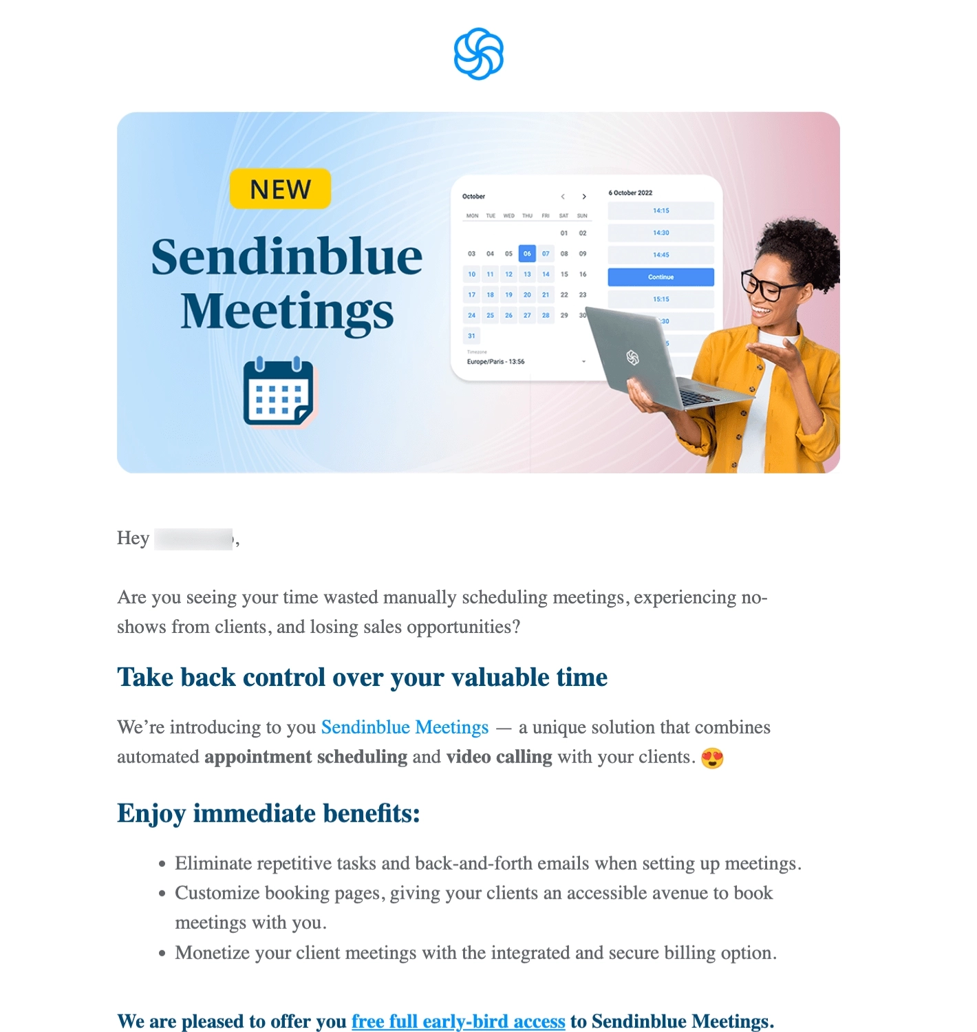 SaaS Product Launch Emails: Screenshot of Sendinblue's launch email