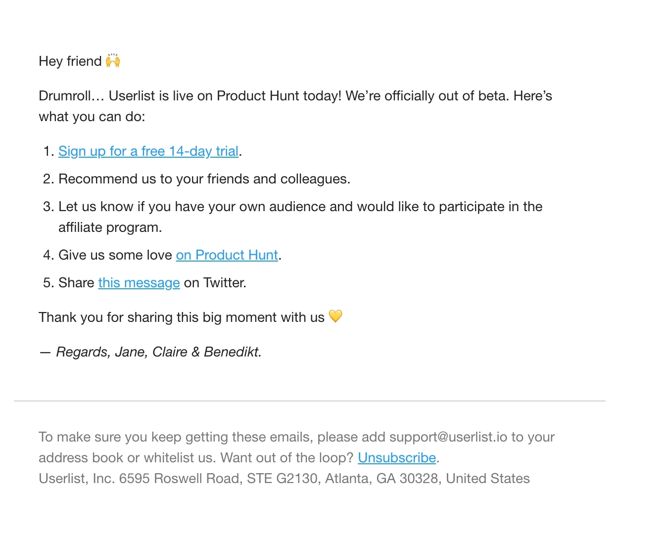 SaaS Product Launch Emails: Screenshot of Userlist's launch email